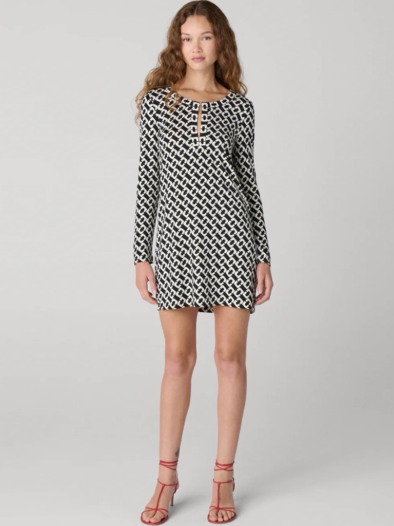 Diane Von Frstenberg Reina Long Sleeve Mini Shift Dress In Iconic Chain Print